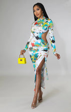 Load image into Gallery viewer, We&#39;re loving this super cute and sexy dress babe! Perfect for your birthday, a romantic date, or a night out with your girls. Features include print sheer material, ruched detailing and a sexy slit. Pair with a simple high heel and a mini handbag for a fun and flirty look.
