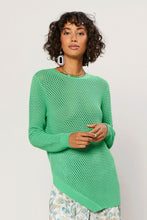 Load image into Gallery viewer, This Summer sweater is made with love for nice sunny days! This is statement-making sweater crafted from airy open knit in a beauty Kelly green knit soft fabric. This long sleeve sweater featuring an asymmetrical detailing hem give it an edge, you will be able to wear this sweater and turn heads throughout. Pair with light wash denim jeans shorts, heels, accessories, and statement bag and you&#39;ll be ready to get your day or night started!
