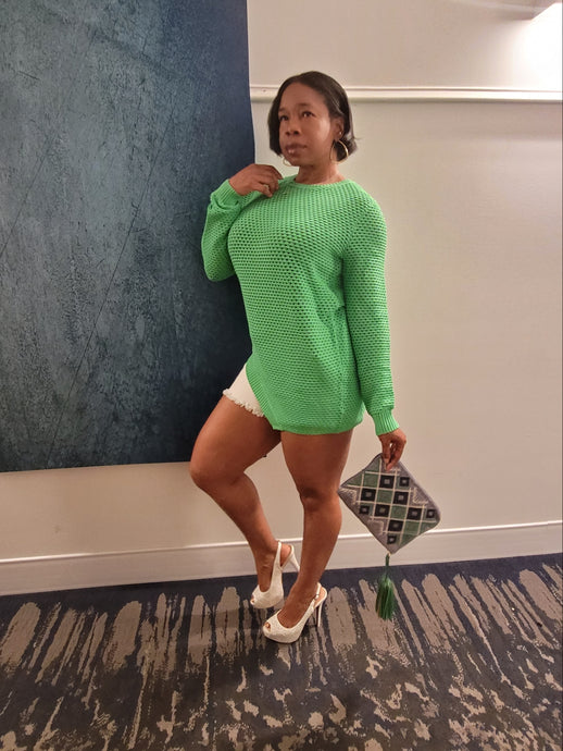This Summer sweater is made with love for nice sunny days! This is statement-making sweater crafted from airy open knit in a beauty Kelly green knit soft fabric. This long sleeve sweater featuring an asymmetrical detailing hem give it an edge, you will be able to wear this sweater and turn heads throughout. Pair with light wash denim jeans shorts, heels, accessories, and statement bag and you'll be ready to get your day or night started!