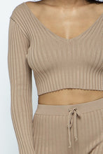 Load image into Gallery viewer, This Just Chill Set is every wardrobe essential. Featuring a nude rib kitted fabric with a V neckline top with long sleeves, high rise pants with soft elasticized waistband, lightweight material. Style with a high heel or boots and handbag for a weekend look you&#39;ll love! 
