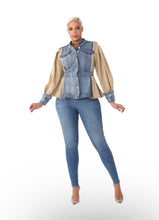Load image into Gallery viewer, This bold statement-making denim jacket belongs in your closet this season! We&#39;re in love with this sexy and sophisticated jacket features round neck collar with raw cut details. soft beige fabric, accent brown buttons at the top shoulders, long sleeves along. This jacket is easy to style and made of very lightweight material. Pair this with tan faux leather pants or jeans, a fabulous top and stylish heels, for any of your favorite fall looks! 
