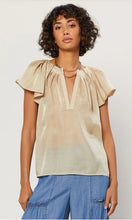 Load image into Gallery viewer, We&#39;re bringing the good life vibes to you! This is a pretty special design the detailing golden sparkle fabric and feminine puff pleated wide sleeves at the shoulders, and a sexy V pleated neckline. This Beautiful design is classic, pair with denim jeans shorts, a nude high heel mule, gold accessories, and statement bag for a complete look and you&#39;ll be ready to get your day or night started!
