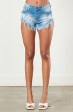 Load image into Gallery viewer, Update your wardrobe with this pair of must-have denim shorts. Featuring a fun light stone wash material, distressed detailing and frayed hems, what&#39;s not to love? We love pairing these shorts with a plunge bodysuit and heels or a basic knit top.
