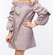 Load image into Gallery viewer, Cute Lunch date Lilac Lily Dress - Lilac Did it just get hot in here with this super flirty lilac dress! Playful and casual; this is a must-have for your closet! Featuring a luxurious off the shoulder style, puff sleeves, ruched tiered detailing on sleeves. Pair with a high heel and mini bag for a look
