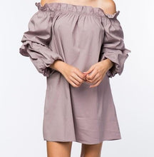 Load image into Gallery viewer, Cute Lunch date Lilac Lily Dress - Lilac Did it just get hot in here with this super flirty lilac dress! Playful and casual; this is a must-have for your closet! Featuring a luxurious off the shoulder style, puff sleeves, ruched tiered detailing on sleeves. Pair with a high heel and mini bag for a look
