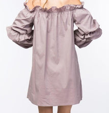 Load image into Gallery viewer, Cute Lunch date Lilac Lily Dress - Lilac Did it just get hot in here with this super flirty lilac dress! Playful and casual; this is a must-have for your closet! Featuring a luxurious off the shoulder style, puff sleeves, ruched tiered detailing on sleeves. Pair with a high heel and mini bag for a look
