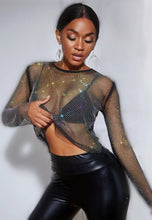 Load image into Gallery viewer, Can you feel the love tonight in this season with this flirty  top is made from a rhinestone netting fabrication, long sleeve and is complete with a crew neckline. This top will make any outfit special. Style this mesh rhinestone crop over your favorite bralette top and a pair of high waisted leather pants for a sexy glam date night look!
