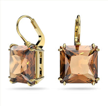 Load image into Gallery viewer, A celebration of femininity and modern design, these Swarovski earrings Bold yet refined, these pierced earrings are a timeless everyday choice. Featuring square cut crystals in a warm orange hue, this pair is finished with a classic, gold tone plated setting. Style yours with denim or sharp tailoring with this versatile design, anything goes.
