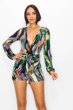 Load image into Gallery viewer, Elevate your wardrobe with this bold sexy romper. Featuring a trendy swirl print with adjustable belt, we are obsessed. Pair with heels and accessories for a look that is sure to make a statement this season.
