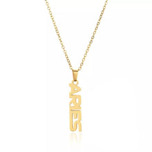 Load image into Gallery viewer, This Aries necklace is perfect for any outfit, you can also layer it with your favorite necklaces to create a unique style! Each sign of the Zodiac has its own symbol and a Cubic Zirconia finish for the constellation. You&#39;ll have heads turning, living glam, and feeling iconic with this vertical design.
