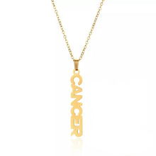 Load image into Gallery viewer, This Cancer necklace is perfect for any outfit, you can also layer it with your favorite necklaces to create a unique style! Each sign of the Zodiac has its own symbol and a Cubic Zirconia finish for the constellation. You&#39;ll have heads turning, living glam, and feeling iconic with this vertical design.
