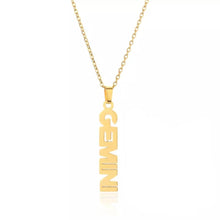 Load image into Gallery viewer, This Gemini necklace is perfect for any outfit, you can also layer it with your favorite necklaces to create a unique style! Each sign of the Zodiac has its own symbol and a Cubic Zirconia finish for the constellation. You&#39;ll have heads turning, living glam, and feeling iconic with this vertical design.
