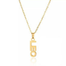 Load image into Gallery viewer, This Leo necklace is perfect for any outfit, you can also layer it with your favorite necklaces to create a unique style! Each sign of the Zodiac has its own symbol and a Cubic Zirconia finish for the constellation. You&#39;ll have heads turning, living glam, and feeling iconic with this vertical design.
