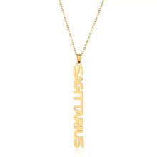 Load image into Gallery viewer, This Sagittarius necklace is perfect for any outfit, you can also layer it with your favorite necklaces to create a unique style! Each sign of the Zodiac has its own symbol and a Cubic Zirconia finish for the constellation. You&#39;ll have heads turning, living glam, and feeling iconic with this vertical design.
