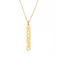 Load image into Gallery viewer, This Scorpio necklace is perfect for any outfit, you can also layer it with your favorite necklaces to create a unique style! Each sign of the Zodiac has its own symbol and a Cubic Zirconia finish for the constellation. You&#39;ll have heads turning, living glam, and feeling iconic with this vertical design.
