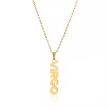 Load image into Gallery viewer, This Virgo necklace is perfect for any outfit, you can also layer it with your favorite necklaces to create a unique style! Each sign of the Zodiac has its own symbol and a Cubic Zirconia finish for the constellation. You&#39;ll have heads turning, living glam, and feeling iconic with this vertical design.
