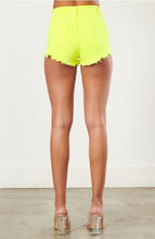 Load image into Gallery viewer, Brighten up your new season denim collection with these no fear neon yellow shorts. From brunch to vacay super easy to style! Featuring a neon yellow denim material with a bronze button up front and sexy raw hems and super cute denim short includes a sexy high-rise for an extra-flattering effect. Style with a handbag and high heels for a complete look!
