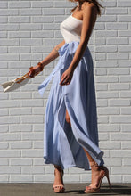 Load image into Gallery viewer, This one shoulder white &amp; blue striped maxi dress with slit is so beautiful! We love the striped design, one shoulder style and a side slit. Great for any upcoming semi formal events or even just simply to run errands. Picture yourself on vacation with this beautiful maxi, you&#39;ll definitely turn heads! Pair with a simple high heel, gold accessories and handbag for a complete look.
