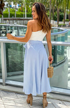 Load image into Gallery viewer, This one shoulder white &amp; blue striped maxi dress with slit is so beautiful! We love the striped design, one shoulder style and a side slit. Great for any upcoming semi formal events or even just simply to run errands. Picture yourself on vacation with this beautiful maxi, you&#39;ll definitely turn heads! Pair with a simple high heel, gold accessories and handbag for a complete look.
