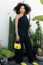 Load image into Gallery viewer, Pose for the perfect &#39;gram-worthy vacay shot in our one shoulder jumpsuit. Lightweight fabric shapes a one shoulder asymmetrical jumpsuit with unique collar detailing. Show off just the right amount of skin. Elastic waist stretch ensures a comfortable and flattering fit. All you need is a pair of statement high heels and you&#39;re ready to embrace all the night&#39;s events.
