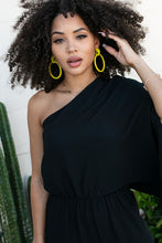 Load image into Gallery viewer, Pose for the perfect &#39;gram-worthy vacay shot in our one shoulder jumpsuit. Lightweight fabric shapes a one shoulder asymmetrical jumpsuit with unique collar detailing. Show off just the right amount of skin. Elastic waist stretch ensures a comfortable and flattering fit. All you need is a pair of statement high heels and you&#39;re ready to embrace all the night&#39;s events.
