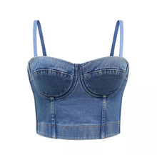 Load image into Gallery viewer, Dress to impress in this trendy blue jean denim bustier crop top! This destructed denim bustier bra features a sweetheart neckline, adjustable and detachable shoulder straps, a row of hidden hook back closures, and built in padded bra.
