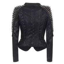 Load image into Gallery viewer, Be the badass you’ve always meant to be with the Punk Rock Vegan Motorcycle Jacket! This jacket is made from a vegan leather fabrication, and is complete with silver spike details, a front zipper enclosure, and a defined neckline. Style this with a pair of distressed denim jeans, a crop top and high heels for an edgy street look!
