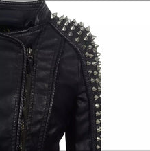 Load image into Gallery viewer, Be the badass you’ve always meant to be with the Punk Rock Vegan Motorcycle Jacket! This jacket is made from a vegan leather fabrication, and is complete with silver spike details, a front zipper enclosure, and a defined neckline. Style this with a pair of distressed denim jeans, a crop top and high heels for an edgy street look!
