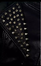 Load image into Gallery viewer, Be the badass you’ve always meant to be with the Punk Rock Vegan Motorcycle Jacket! This jacket is made from a vegan leather fabrication, and is complete with silver spike details, a front zipper enclosure, and a defined neckline. Style this with a pair of distressed denim jeans, a crop top and high heels for an edgy street look!
