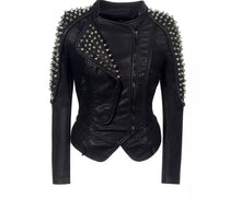 Load image into Gallery viewer, Be the badass you’ve always meant to be with the Punk Rock Vegan Motorcycle Jacket! This jacket is made from a vegan leather fabrication, and is complete with silver spike details, a front zipper enclosure, and a defined neckline. Style this with a pair of distressed denim jeans, a crop top and high heels for an edgy street look!
