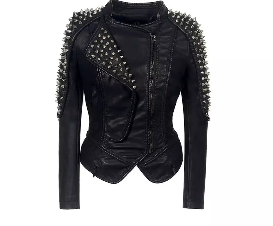 Be the badass you’ve always meant to be with the Punk Rock Vegan Motorcycle Jacket! This jacket is made from a vegan leather fabrication, and is complete with silver spike details, a front zipper enclosure, and a defined neckline. Style this with a pair of distressed denim jeans, a crop top and high heels for an edgy street look!