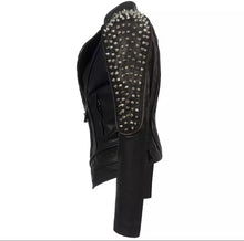 Load image into Gallery viewer, Be the badass you’ve always meant to be with the Punk Rock Vegan Motorcycle Jacket! This jacket is made from a vegan leather fabrication, and is complete with silver spike details, a front zipper enclosure, and a defined neckline. Style this with a pair of distressed denim jeans, a crop top and high heels for an edgy street look!
