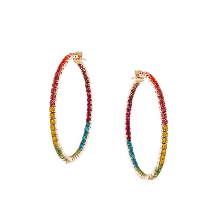 Add some sparkle color and shine with these beautifully detailed gold rainbow hoop earrings. Featuring jeweled detailing on a gold-tone setting, these earrings are perfect for all occasions.