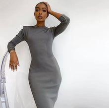 Load image into Gallery viewer, Cute &amp; Sexy Gray Shoulder Pad Long Sleeve Bodycon Dress - Gray Stay warm this season but make it fashion statement! This dress is perfection for the cozy season. Featuring a stretch and soft material, figure hugging fit to sculpt your body in the right places. Pair this with a simple high heel, hoops and handbag for a complete look! 
