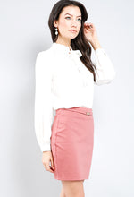 Load image into Gallery viewer, Girl we are lovin&#39; this blouse top, featuring a white soft material, with a tie up riffle collar. Team this with matching satin trousers and killer heels for that last minute night out outfit. 
