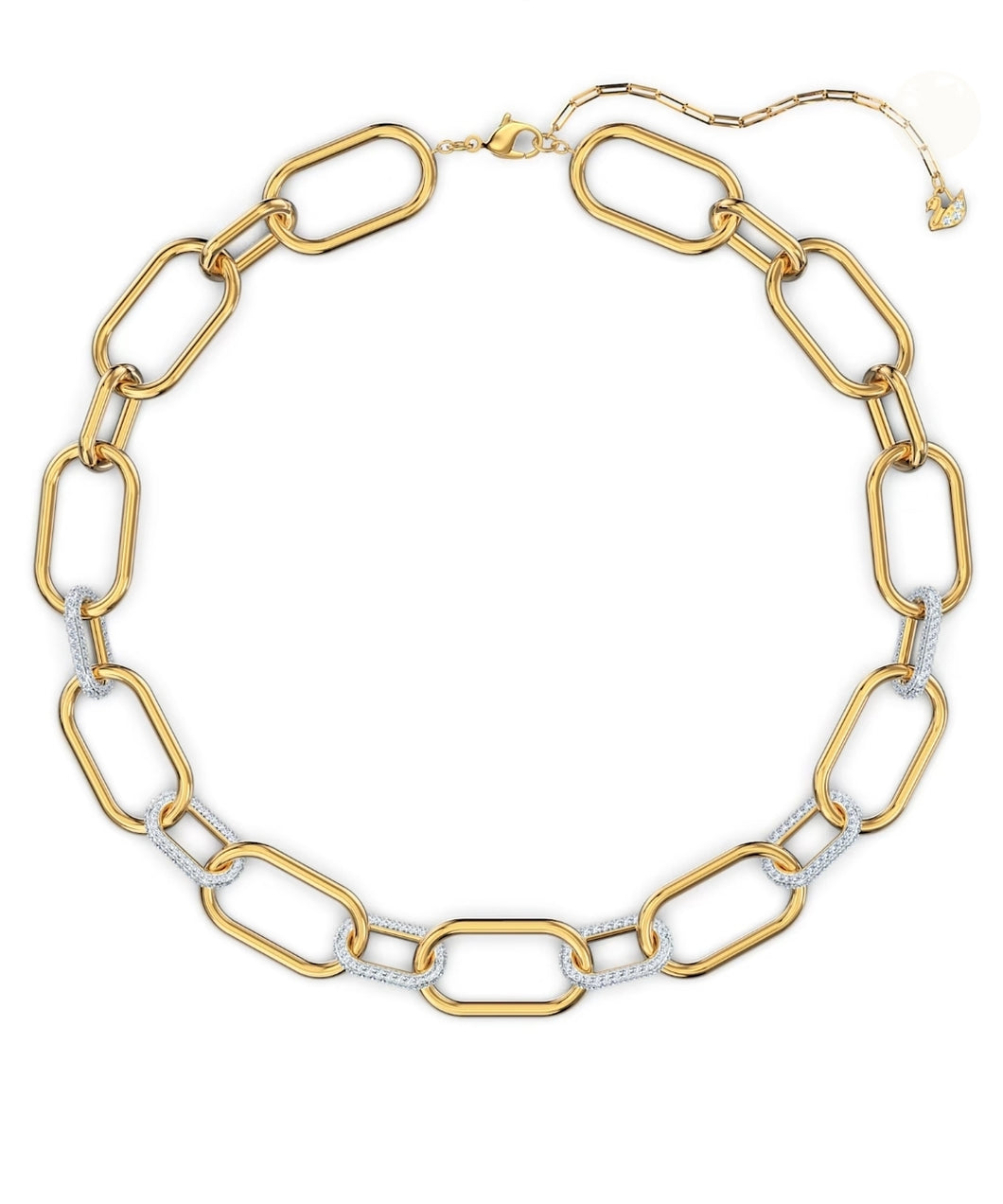 A celebration of femininity and modern design, this Swarovski necklace draws inspiration from the hardware trend. Two elongated chain links holding onto each other – one shimmering softly, one covered in clear crystal pavé – take center stage.