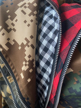Load image into Gallery viewer, We&#39;re in love with this sexy and sophisticated Camo jacket features red checkered material, V-neck collar with accent black sequence sparkles, long sleeves along with belt to tie in front. This Woven print Jacket is easy to style and made of very lightweight material. This coat comes fully lined with a zipper detailing. Pair this with faux leather pants or jeans, a fabulous top and stylish heels or any of your favorite fall looks! 
