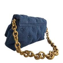 Load image into Gallery viewer, This Denim shoulder bag is an essential for your wardrobe girl. Versatile and great for all seasons! Featuring a denim fabric, quilted design, fold over detail, snap closure and thick gold chain handle. Pair with your outfit of the day to complete your look.
