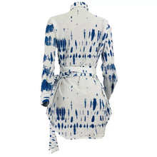 Load image into Gallery viewer, This denim dress is a must-have for your wardrobe A denim mini dress featuring a denim tie dye print, button front, long sleeves, a basic collar, and belted design. It&#39;s perfect for multiple occasions! Style with a high heel mule, gold accessories and handbag for a complete look.
