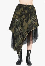 Load image into Gallery viewer, Get noticed for all the right reasons with our Work Your Angles Camo Asymmetrical Distressed Skirt. This unique skirt features a wide elastic waistband, camouflage print patterning and mesh. Pair with your favorite sexy bodysuit and stiletto heels.
