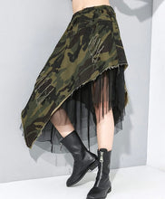 Load image into Gallery viewer, Get noticed for all the right reasons with our Work Your Angles Camo Asymmetrical Distressed Skirt. This unique skirt features a wide elastic waistband, camouflage print patterning and mesh. Pair with your favorite sexy bodysuit and stiletto heels.
