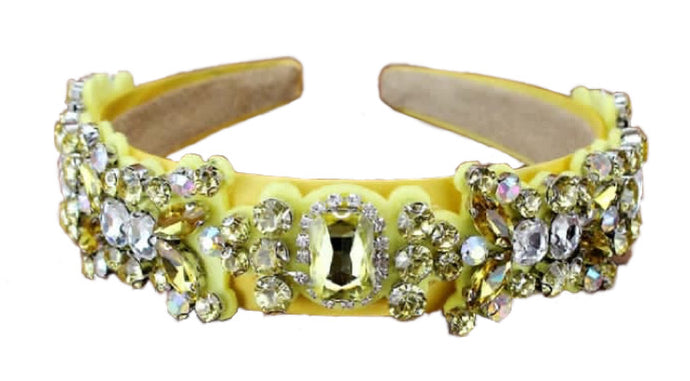 The yellow crystal headband is beautiful and elegant. Clear and yellow rhinestones. Wear with a luxurious white dress or your favorite jeans and t-shirt. It always looks perfect. Is extremely comfortable and this headband makes a glamorous statement piece.