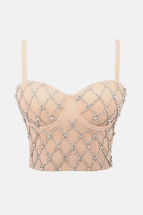Do the most in this trendy crystal bustier crop top! This beautiful rhinestone-embellished bustier bra features a rhinestone detailed pattern, sweetheart neckline, adjustable, detachable shoulder straps, a row of hidden hook back closures, and built-in padded bra.