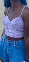 Load image into Gallery viewer, We are obsessed with this sexy lace cami tank top for the upcoming season. Featuring a lavender material with lace trim detailing, sweetheart neckline, and a padded cup design, we are in love. Wear with your go-to jeans and strappy heels for the perfect brunch date look.
