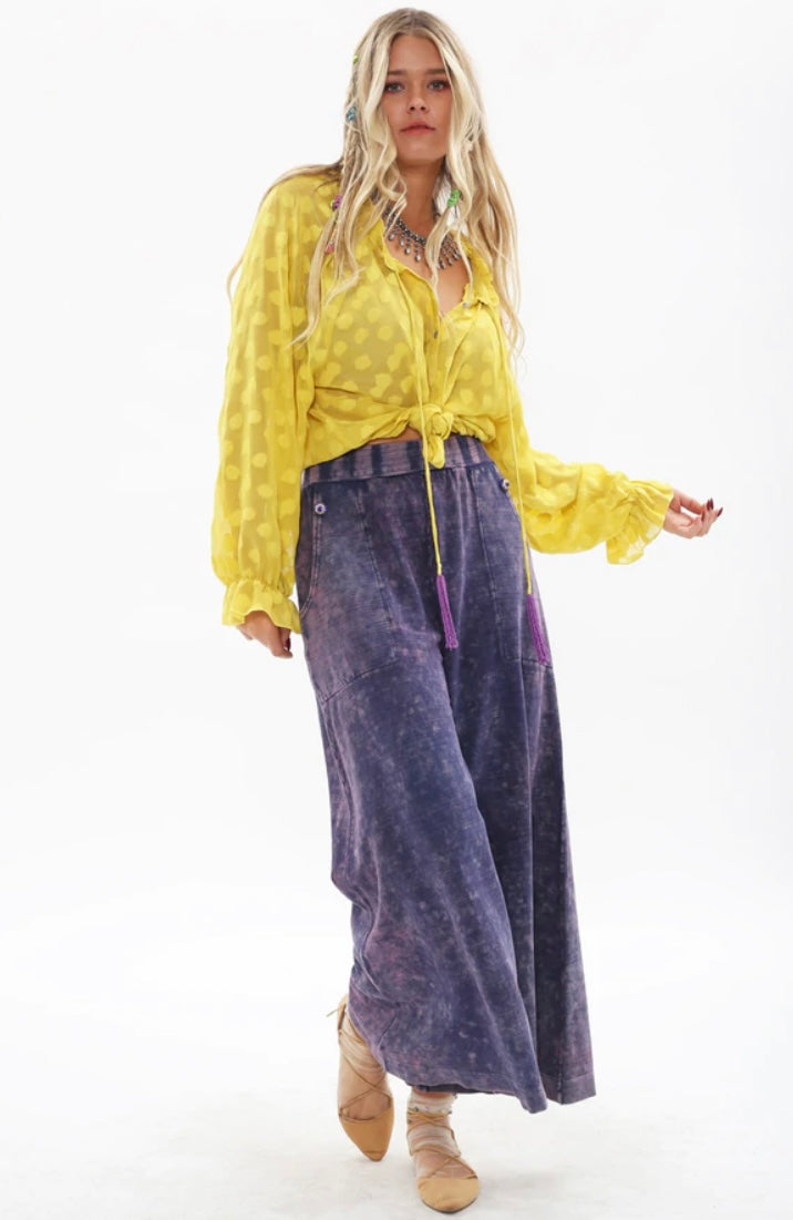 Bring back the 70's with these trendy acid wash French terry wide-leg pants that feature beautiful crystal-embedded buttons. Elastic waistband, Pair with a bodysuit, pumps, or favorite flats and a handbag for the perfect day look.