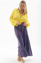 Load image into Gallery viewer, Bring back the 70&#39;s with these trendy acid wash French terry wide-leg pants that feature beautiful crystal-embedded buttons. Elastic waistband, Pair with a bodysuit, pumps, or favorite flats and a handbag for the perfect day look.

