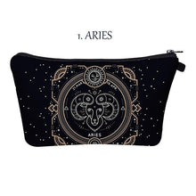 Load image into Gallery viewer, Aries. Whether you’re an imaginative Pisces, a passionate Cancer, or a practical Taurus, the pretty makeup bag Each captures the essence of a zodiac sign with beautiful artwork. The luxe fabric resists dirt, stains, shrinking, and stretching. Perfect for toiletries and makeup. 
