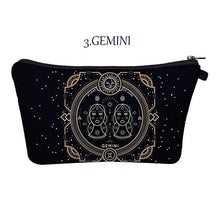 Load image into Gallery viewer, Gemini. Whether you’re an imaginative Pisces, a passionate Cancer, or a practical Taurus, the pretty makeup bag Each captures the essence of a zodiac sign with beautiful artwork. The luxe fabric resists dirt, stains, shrinking, and stretching. Perfect for toiletries and makeup. 
