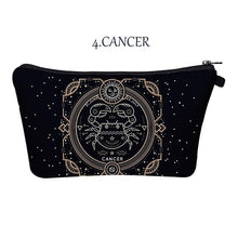 Load image into Gallery viewer, Cancer. Whether you’re an imaginative Pisces, a passionate Cancer, or a practical Taurus, the pretty makeup bag Each captures the essence of a zodiac sign with beautiful artwork. The luxe fabric resists dirt, stains, shrinking, and stretching. Perfect for toiletries and makeup. 
