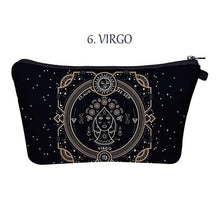 Load image into Gallery viewer, Virgo. Whether you’re an imaginative Pisces, a passionate Cancer, or a practical Taurus, the pretty makeup bag Each captures the essence of a zodiac sign with beautiful artwork. The luxe fabric resists dirt, stains, shrinking, and stretching. Perfect for toiletries and makeup. 
